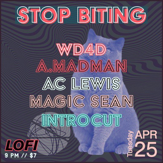 Apr 25 <a href="/StopBitingLoFi/">Stop Biting</a> djs <a href="/WD4D/">(((WD4D)))</a> <a href="/introcut/">introcut</a> <a href="/bsoluteMadman/">DJ Can't Stand Ya</a> <a href="/ac_lewis/">AC Lewis</a> <a href="/djmagicsean/">dj magic sean</a> 9pm-2am $7 <a href="/lofiseattle/">Lo-Fi Performance Gallery</a> Event link here facebook.com/events/s/stop-…