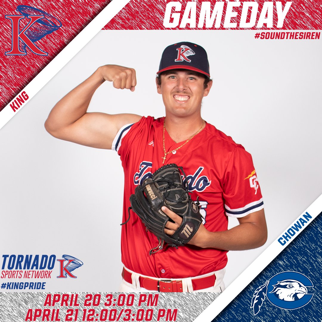 KingAthletics's tweet photo. Last home series of the season for @KingUBaseball on tap today

🆚 Chowan
🕰️ 3:00 p.m./12:00 p.m.
📺 @TornadoSN
📊https://t.co/EMJLG2tjx9

#SoundTheSiren #KingPride https://t.co/fD1pvejq9u