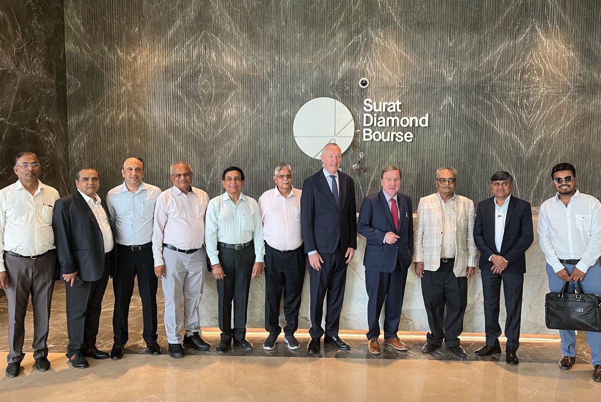 BelgiuminIndia's tweet photo. Team 🇧🇪 is in Gujarat! 

First stop: Surat, the world’s #diamond polishing capital!
Our Ambassador and Consul General visited the new Diamond Bourse and several other key actors from the sector with strong links to BE’s 💎 sector in Antwerp! (1) https://t.co/uhUY36KpZ4