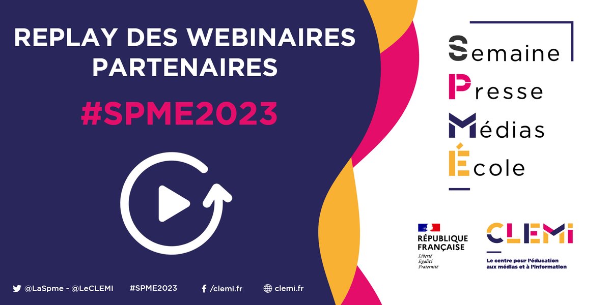 Retrouvez en replay les webinaires, masterclasses, émissions spéciales avec la participation des élèves, découverte des coulisses des rédactions... proposés par les partenaires de la Semaine de la presse et des médias dans l'École #SPME2023 et du #CLEMI.
➡️clemi.fr/fr/semaine-pre…