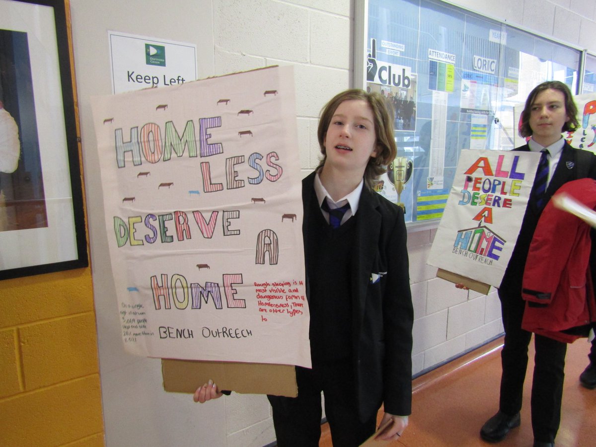 DeptfordGreen's tweet photo. A number of Y8 students chose to organise a protest through the school for their #socialjustice project.  They designed banners, researched key pieces of powerful information which they shared in a number of classes over the morning. #ExploreDreamDiscover #Deptford #Lewisham https://t.co/zvIFHIgQ6B