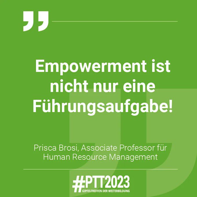 Eine Tour d’Horizon durch die Kernergebnisse der Empowerment-Forschung liefert Prisca Brosi in ihrem Vortrag auf den #PTT2023. Seid ihr beim Gipfeltreffen der Weiterbildung dabei? bit.ly/3ZO6IMQ