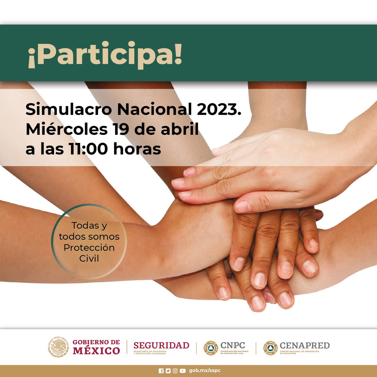 FinabienMex's tweet photo. ¡Participa!
Prepárate para el primer #1erSimulacroNacional2023 que se llevará a cabo hoy 19 de abril a las 11:00 horas. https://t.co/cZ4TWN0UAu