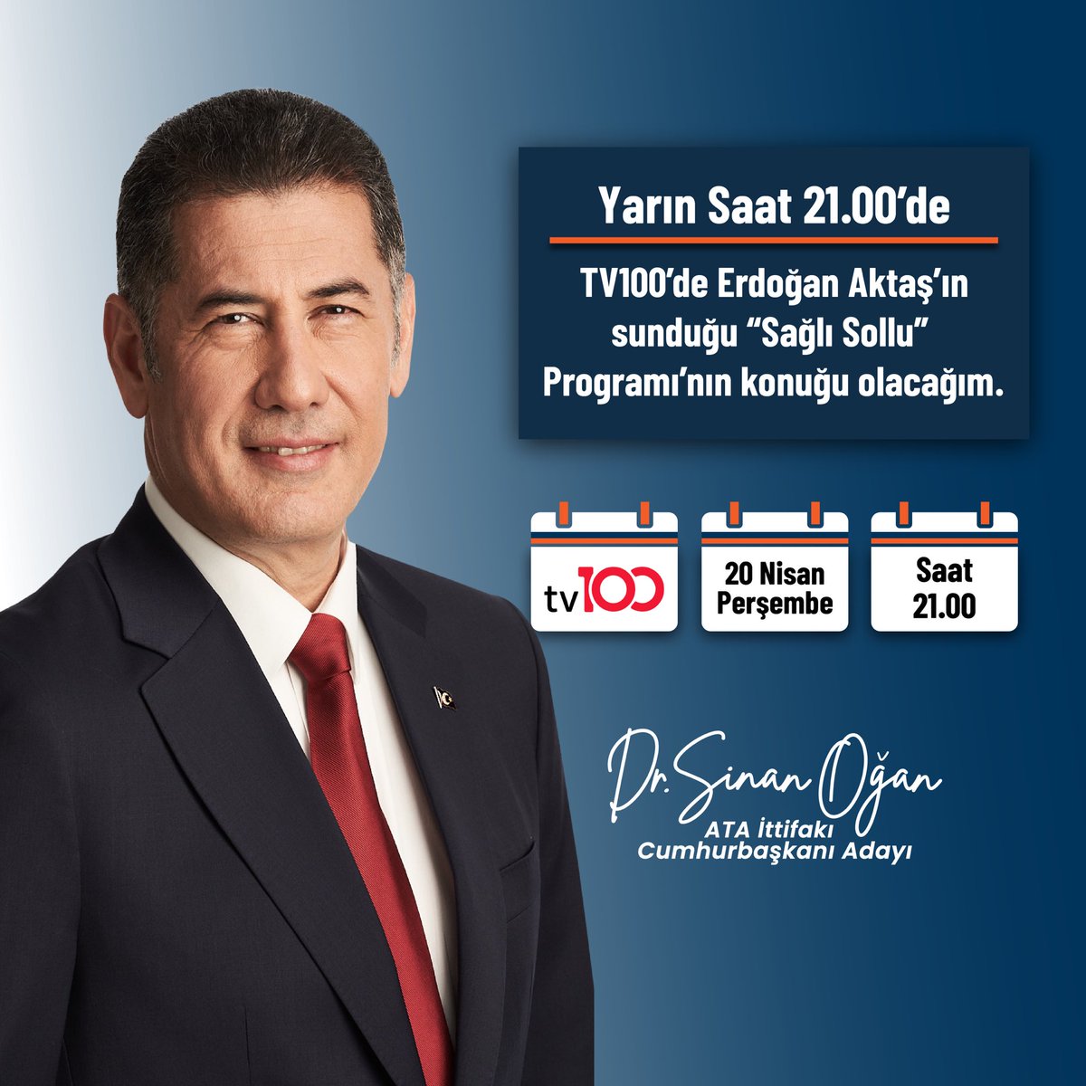 Sevgili vatandaşlarım, 

Yarın saat 21.00'de @tv100 'de @aktaserdogan 'ın sunduğu #SağlıSollu Programı'nın konuğu olacağım. 

#OAnGeliyor

youtube.com/@tv100