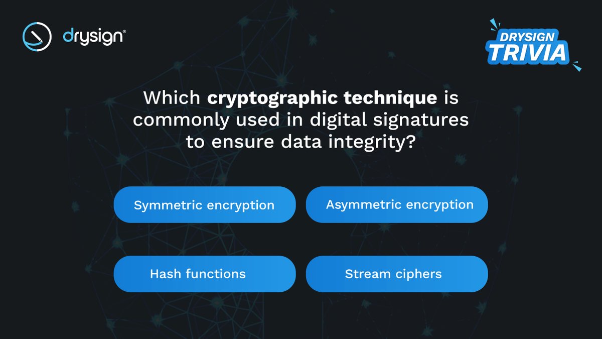 DrySignbyExela's tweet photo. The answer is: Asymmetric encryption.

Explore the safety and legality of #DrySign within the context of your business. Speak with experts today: https://t.co/JNuan2arqb

#eSignature #SignOnline #ElectronicSignature #WetSignature #OnlineSignature #DrySignTrivia #DigitalSignatures https://t.co/tQxg1jg5y9