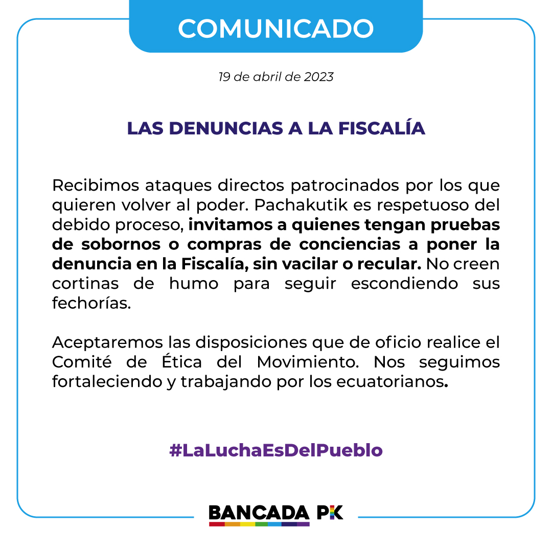 BancadaPkEc's tweet photo. 🚨🌈 COMUNICADO: Nuestra bancada a la ciudadanía.
#LaLuchaEsDelPueblo #Pachakutik https://t.co/wY0WrjwBmx