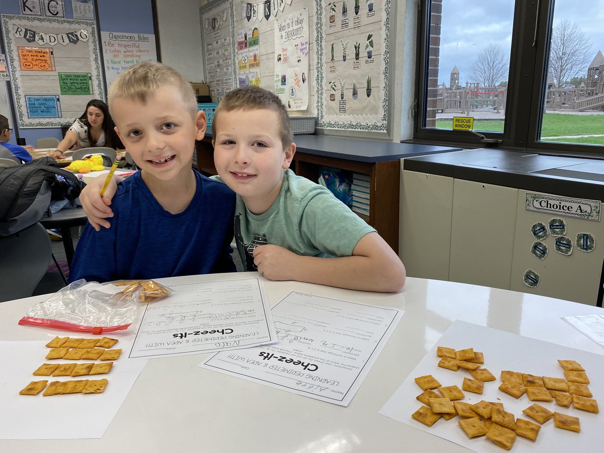 TaboneClassroom's tweet photo. Math is always more fun when food is involved! Learning about area and perimeter with cheez-its! #barkercsd https://t.co/MwC09jf58n