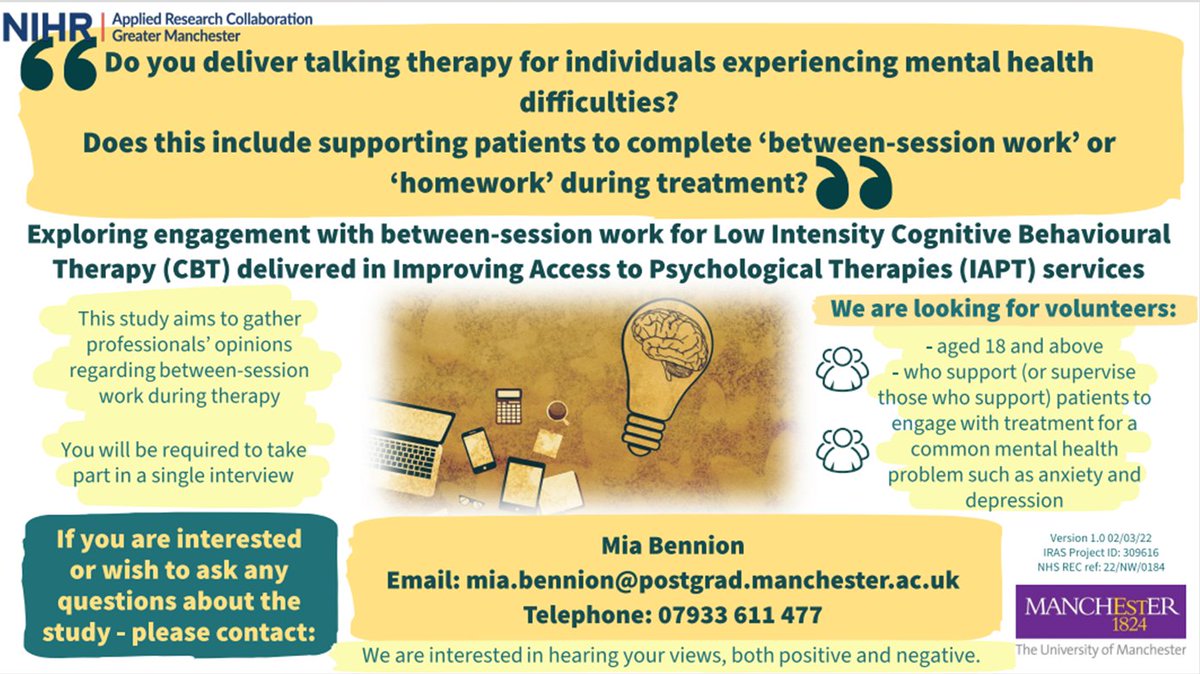 LSCFTResearch's tweet photo. *RESEARCH OPPORTUNITY!* 
Do you work in an Improving Access to Psychological Therapies (IAPT) service and deliver talking therapies to individuals experiencing mental health difficulties?
If yes, then this research is for you! Contact Mia (details below) on how to get involved! https://t.co/fUSz63i0yb