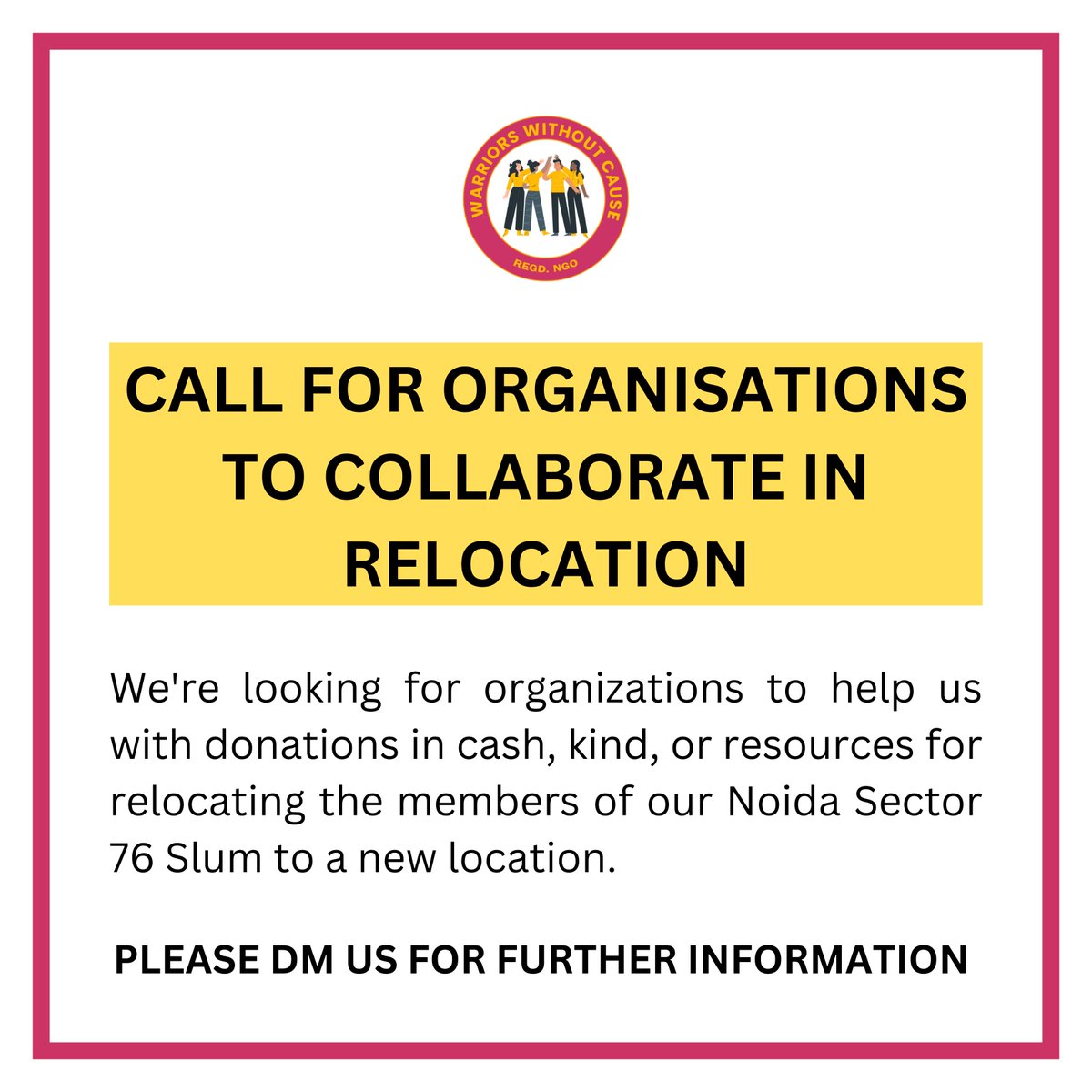 wwcngo's tweet photo. 🚨ATTENTION🚨

Warriorswithoutcause seeks your assistance in relocation of our slum residents in Sector 76, Noida, where the farms and homes have been brutally destroyed!

We need each individuals and each organisations help. Please contact us or DM us! https://t.co/TNys2feRiC