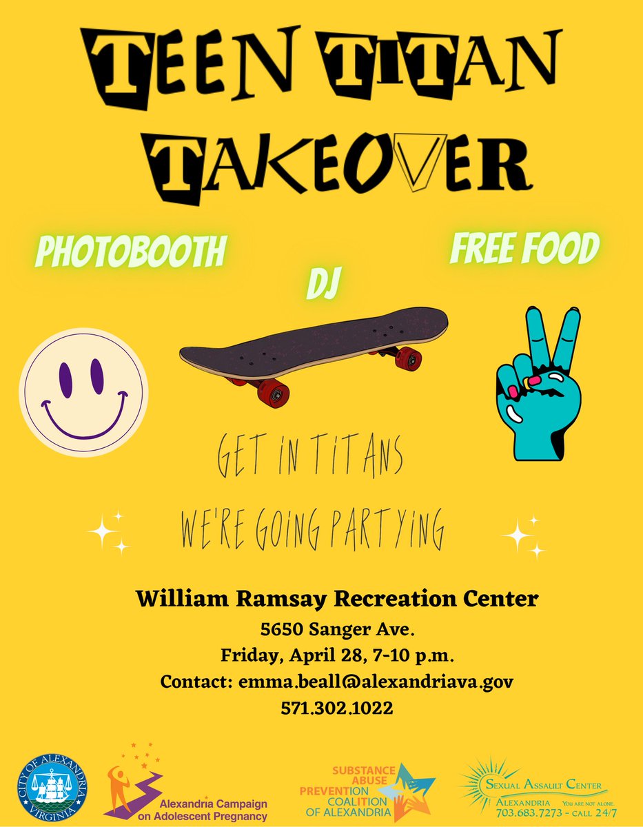 AlexTeenLife's tweet photo. Join us on April 28 from 7 – 10 p.m. for a Titan Takeover Teen Night! This safe and substance-free event will feature a DJ, photo booth, dinner, gift card raffles, games, DIY self-care kit stations, and a Denim Day activity.  Learn more at https://t.co/2BsW7cN22F. https://t.co/u0w3lZ0e78