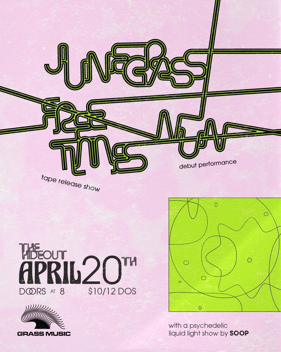 Tomorrow Night! Junegrass, Free Times and Nun are rolling through the Hideout to celebrate 4/20 with us. Plus we've got SOOP on the liquid lights for the evening. Guaranteed to be sick, get your tix now!