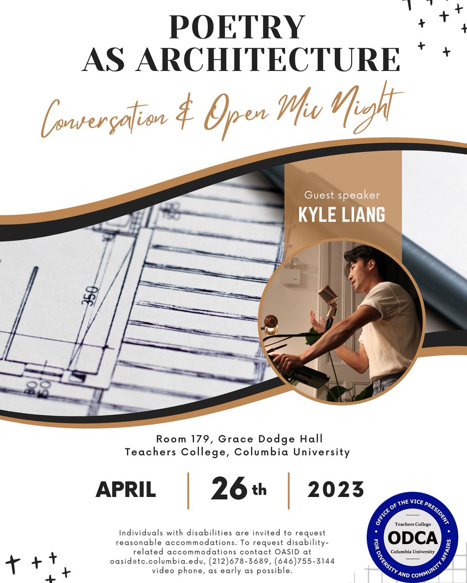 drdphelps's tweet photo. Join us for this event featuring poet @Kyle_Liang at @TeachersCollege @TC_EEProgram discussing his relationship with poetry, debut chp book “How to Build a House”, and much more. FREE and open to the public, next Wed 7pm-9pm EST! #NationalPoetryMonth 

https://t.co/QDMjFsk2za https://t.co/LFooO9hb41