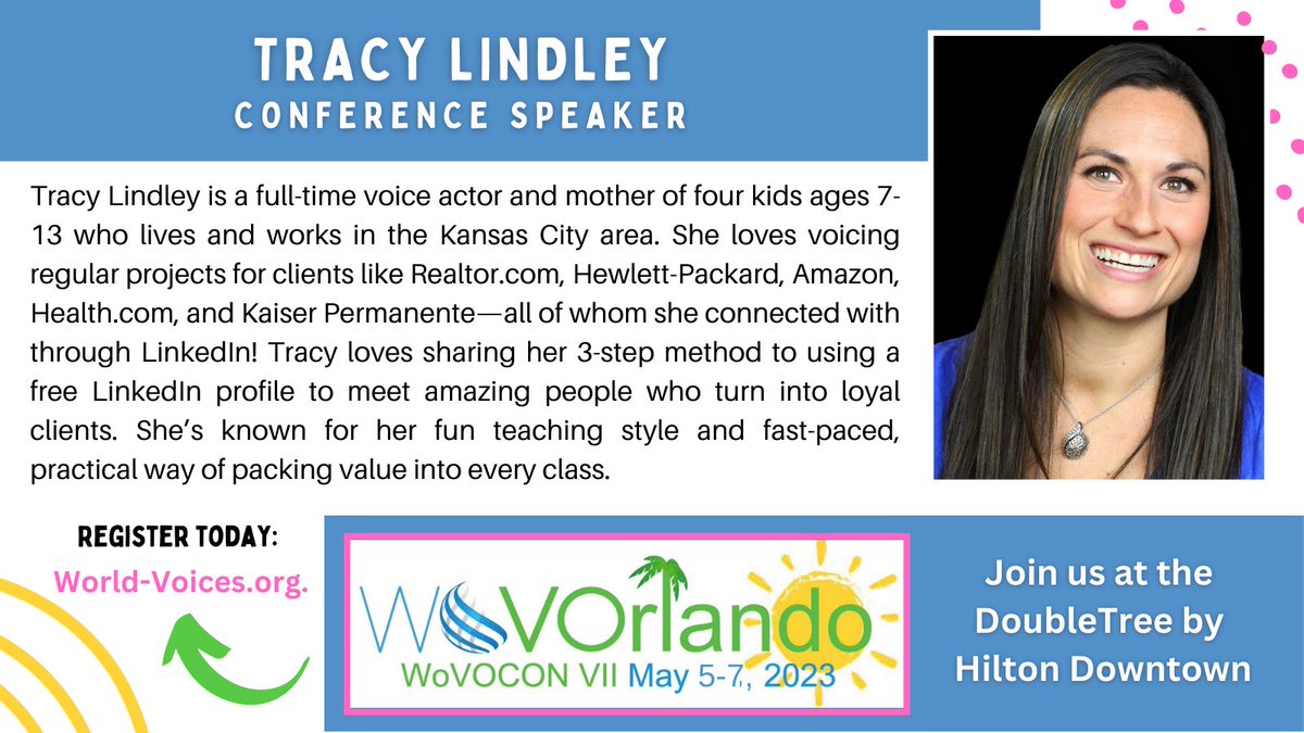 Who wants to go to ORLANDO with me???
In less than 3 WEEKS I'll be presenting at the 7th #voiceover conference by <a href="/WorldVoicesOrg/">World Voices Org®</a>
Check out the schedule and register at 
world-voices.org/WoVOConVII
See you there! 
#conference #inpersonevent #orlandoflorida #tracylindleyvoiceovers