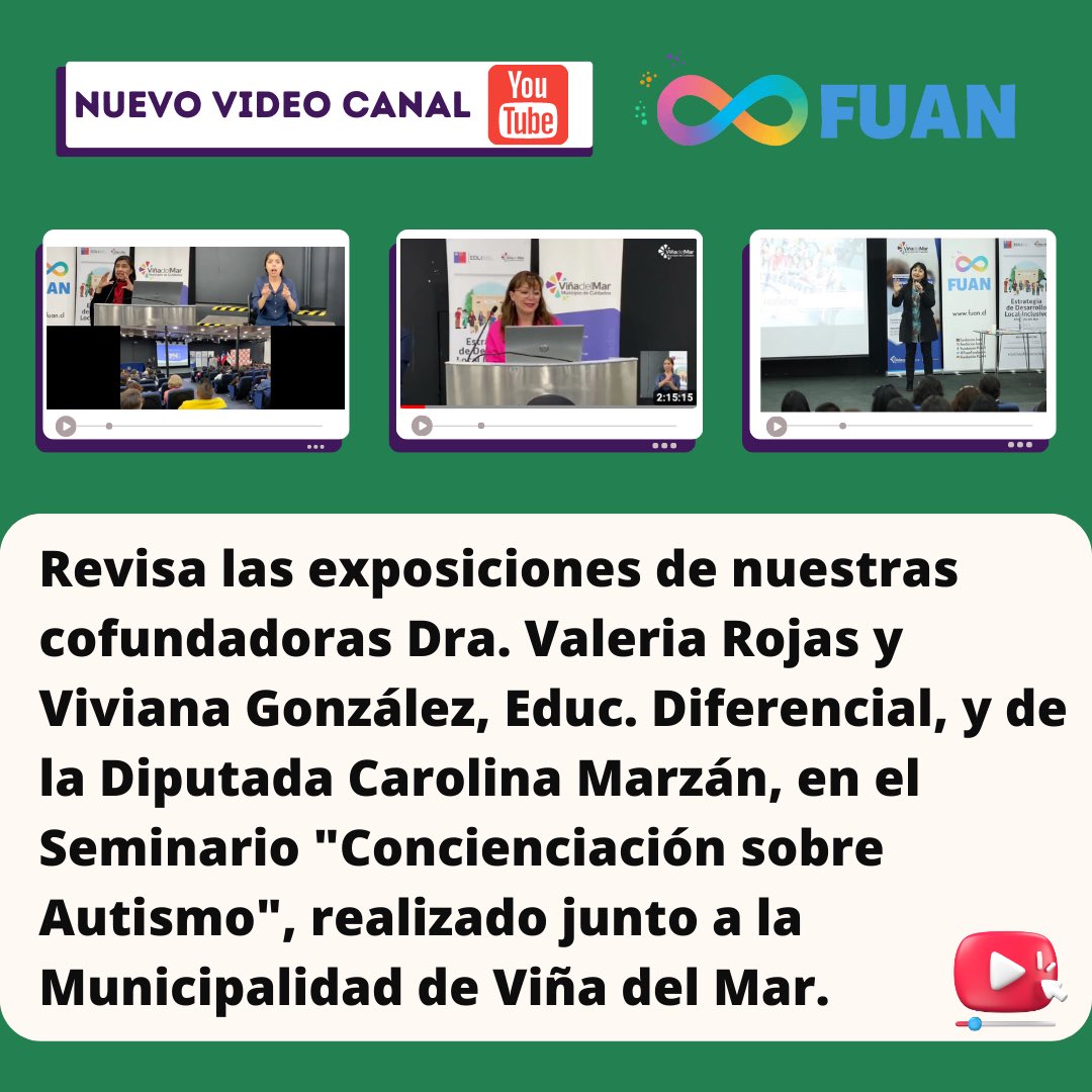 FuanFundacion's tweet photo. Compartimos video con extracto del “Seminario Concienciación sobre Autismo” con las ponencias de nuestras cofundadoras @vgonzavi y Dra. Valeria Rojas, sobre educación/salud y autismo, respectivamente, y de @carolamarzan sobre la Ley de Autismo ➡️ https://t.co/N30WDPQITp https://t.co/BU0EXQxJz2