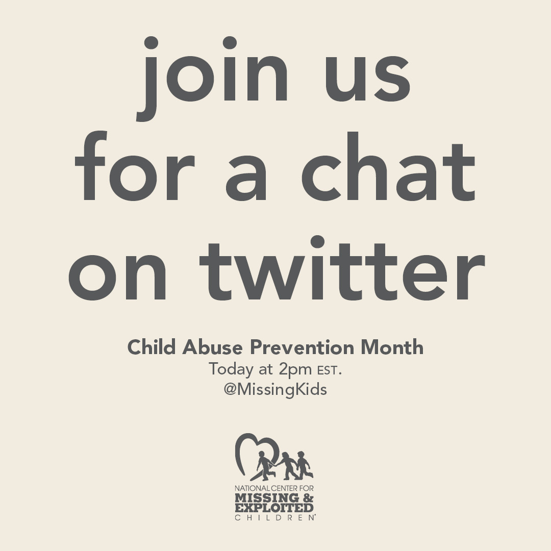 NCMEC's tweet photo. TODAY! Join leaders in child protection for a Q&A discussion to mark Child Abuse Prevention Month.

Let’s better educate the public on how to recognize the signs and support survivors. #CAPM23