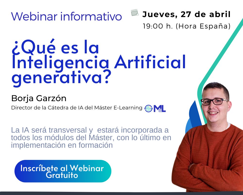 AEFOL's tweet photo. @AEFOL y #LaSalle te invitan a participar en este Webinar del jueves, 27 de abril a las 19h (hora España) donde contaremos con la intervención de Borja Garzón @borjaturtle que hablará sobre la #InteligenciaArtificial #Generativa. Inscripciones en: https://t.co/s66RaB7kn1 https://t.co/oYkPQU18sd