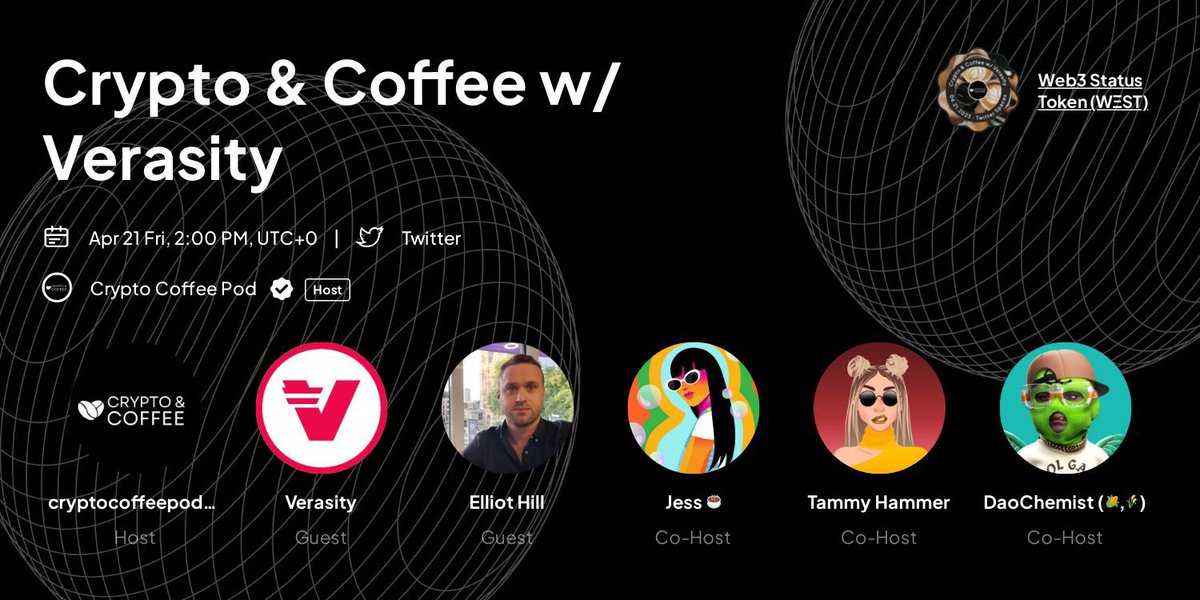 CryptoCoffeePod's tweet photo. We’re back this week for another episode of Crypto &amp; Coffee w/ special guest @block_writer from @verasitytech! 

📆 FRIDAY 4/21/23
⏰ 10:00 AM EST

Set a reminder ➡️ https://t.co/3nD7tBteKA https://t.co/vFoCk9L8nx