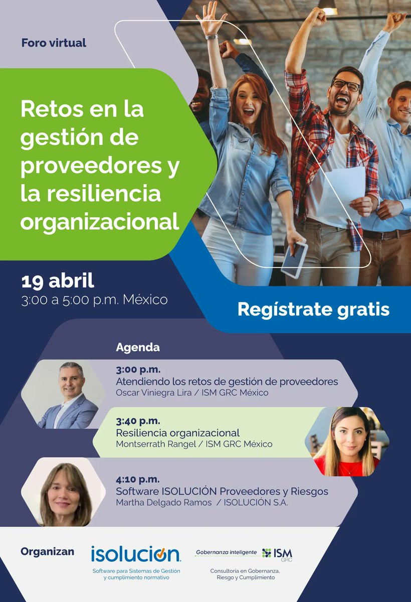 Foro: RETOS EN LA GESTIÓN DE PROVEEDORES Y LA RESILIENCIA ORGANIZACIONAL
REGÍSTRATE GRATIS buff.ly/40JPEHc 
19 abril 3pm #Mexico 
Virtual y sin costo
@MontseRangelN @OscarViniegraL @mbrainsky 
 @ISMGRC #Proveedores #RiskManagement #Software #Iso9001 #Ciberseguridad, #GRC