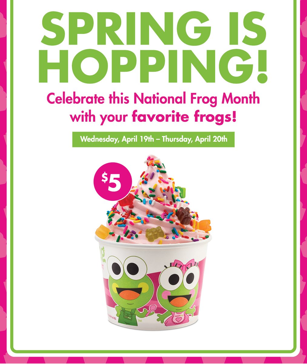 sweetFrog's tweet photo. Happy National Frog Month! 🐸🎉 We're celebrating with $5 small cups all day today and tomorrow! 🤗💚

*Offer is valid 4/19-4/20 for one-time use to those who are loyalty members at the time of purchase. https://t.co/toYJqAF65z