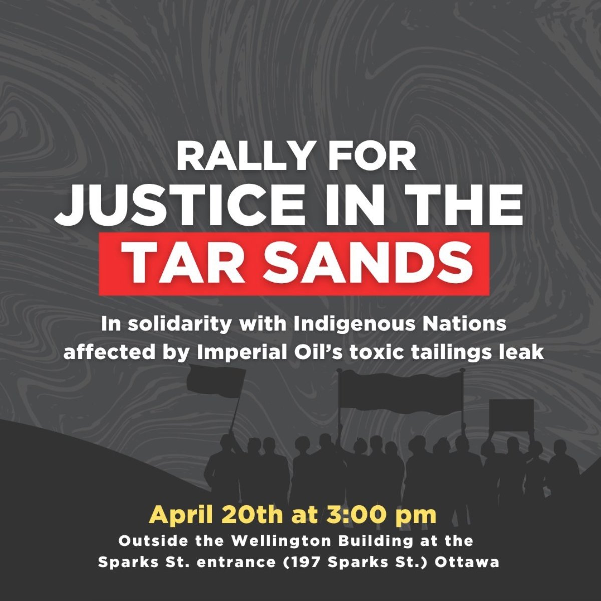 Indigenous_ca's tweet photo. Tomorrow, April 20, join @envirodefence and @KeepersOfWater and rally to support Indigenous Nations impacted by Imperial Oil's toxic tailing leak &amp; call for accountability!

When: April 20, 3PM
Where: Wellington Building at the Spark St. entrance (197 Spark St.) Ottawa https://t.co/hZZj3CYDfe