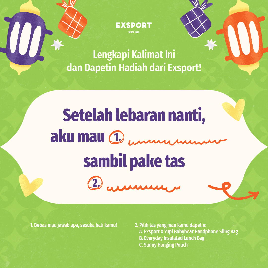 exsportbags's tweet photo. [Giveaway Spesial Lebaran]🎆
Exsport siap bagi-bagi 3 produk GRATIS yang bisa kamu pake buat hangout! 🤩

Cara ikutan:
-Follow @exsportbags
-Retweet tweet ini
-Reply dan jawab pertanyaan pada gambar di bawah
-Sertakan hashtag #BringYourSelfOut

Periode 18-25 April

Good luck!🤞 https://t.co/1lOtqZca17