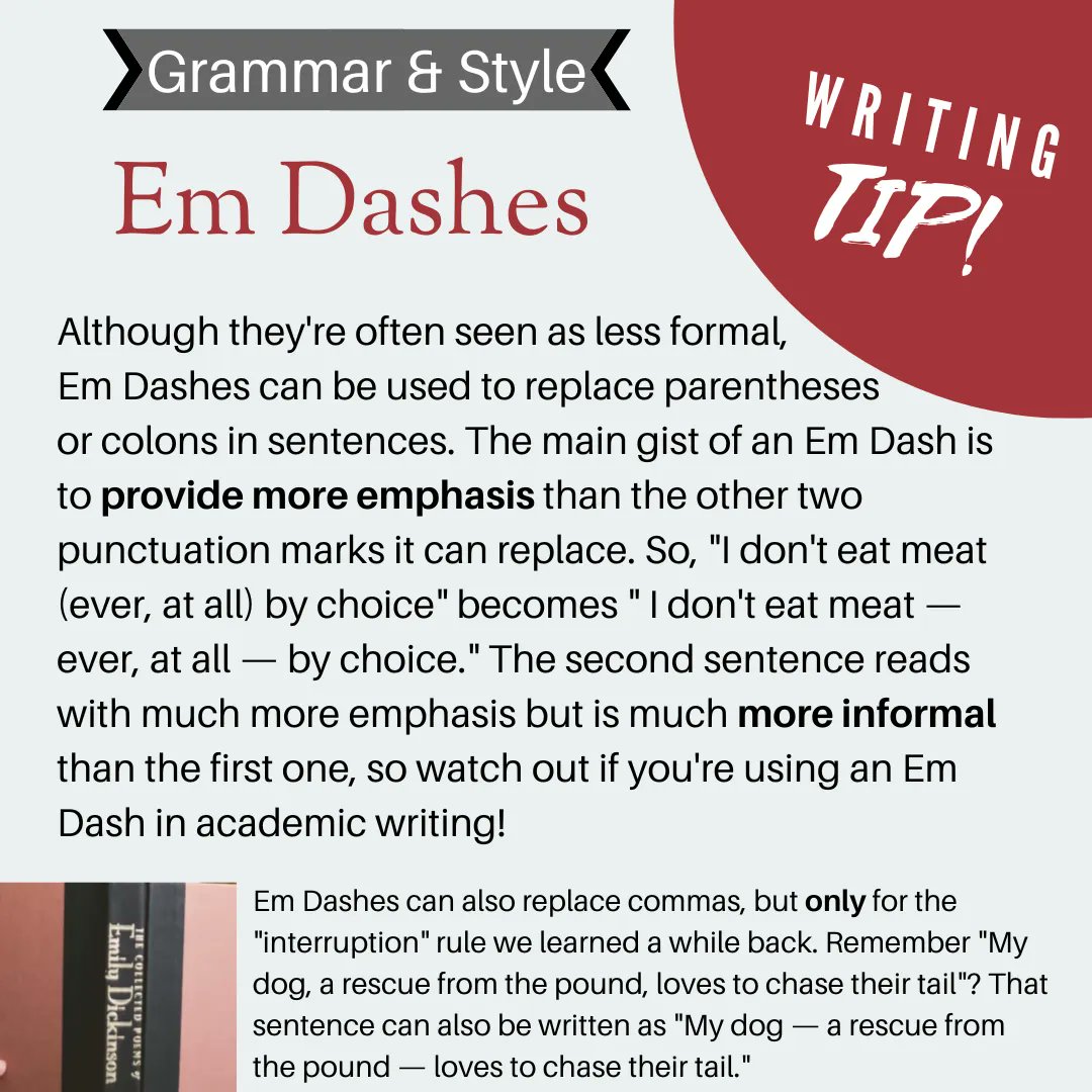 wjwritingcenter's tweet image. This week&apos;s writing tip builds on last week&apos;s: today we cover the Em-Dash. This punctuation isn&apos;t always welcomed in academic writing styles, but it can be a useful -- and fun! -- tool for creating tone. Check out this week&apos;s tip to learn more! #weeklytip #writingtips