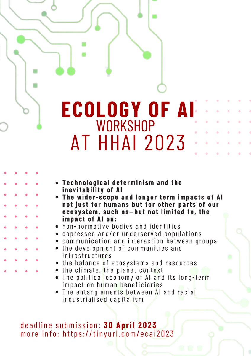 We're extending the deadline! 
Join us at #HHAI2023 as we discussed the potential harm and benefit of AI not just for humans but for other parts of our ecosystem (e.g. #EthicalAI, #ResponsibleAI, #DecolonisingAI, others)

for more information: events.kmi.open.ac.uk/ecai-2023/