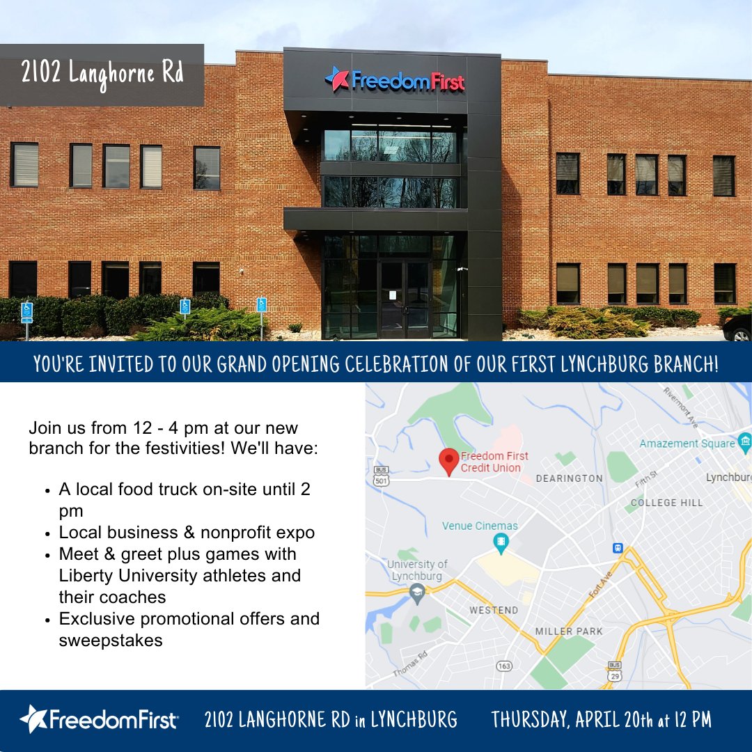 FreedomFirstCU's tweet photo. We are thrilled to announce the Grand Opening of our new Langhorne Branch, which is scheduled for tomorrow, April 20. #Bankforgood #LynchburgVA https://t.co/c46ez8ruqn