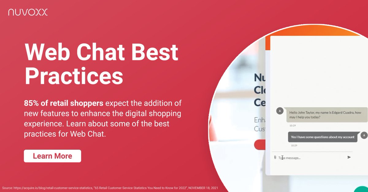 NuVoxx's tweet photo. Implementing a Web Chat on your retail website is one thing, applying the best Web Chat CX principals is another. Take a look at our blog to learn some of the best practices! https://t.co/Vj90pIEI3P

#retail #ecommerce #webchat #cx #chatbots #ai https://t.co/CL8qxF3gpW