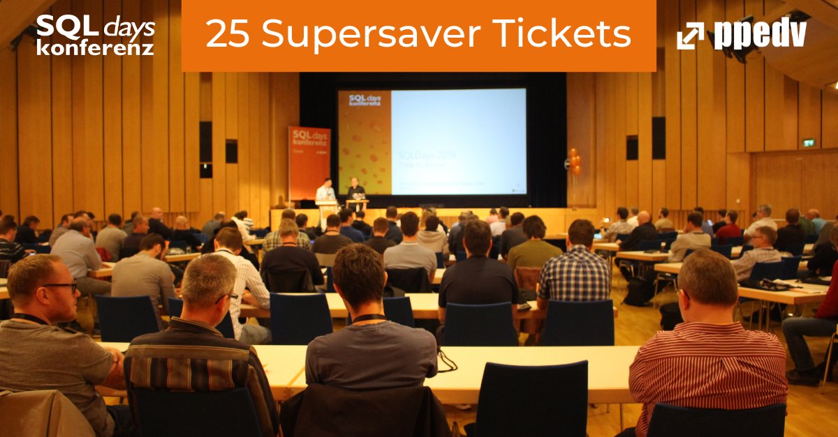 ppedvEvents's tweet photo. Sie wissen schon, dass Sie die #SQLdays (mal wieder) besuchen wollen? Dann können Sie sich ab jetzt Ihr Ticket sichern und dabei sogar sparen.  

𝟮𝟱 𝗧𝗶𝗰𝗸𝗲𝘁𝘀 𝗳ü𝗿 𝗻𝘂𝗿 𝟰𝟵𝟵€ 𝘀𝘁𝗮𝘁𝘁 𝟴𝟵𝟵€! 
Danach nur 599€ bis 10. Mai. 📷 
-> https://t.co/suCKWbZeo3

#ppedv https://t.co/dQLK8iqjUe