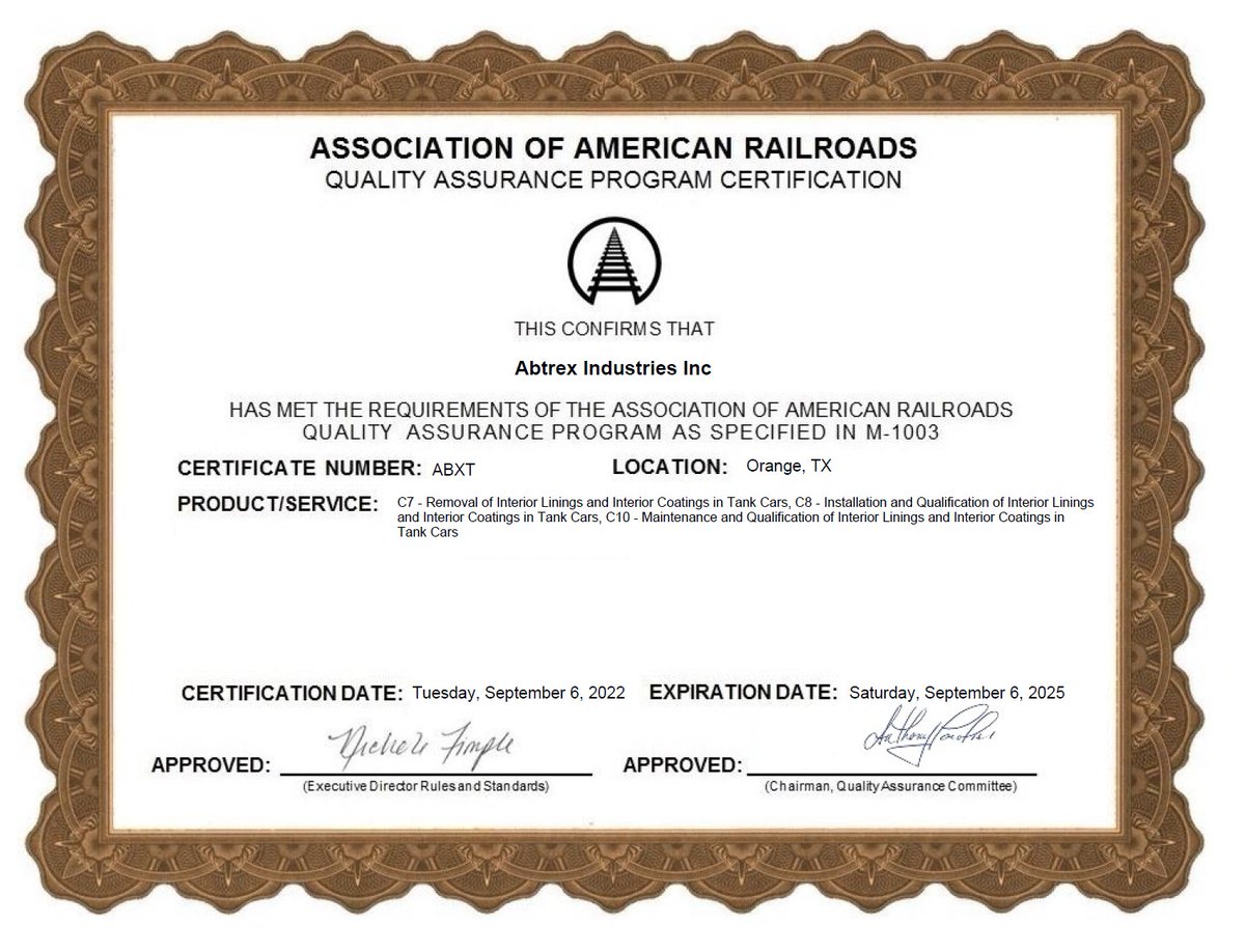 AbtrexII's tweet photo. We are certifiable! 

It is our pleasure to finally announce that our Orange, TX rail division has acquired is M 1003 Certification! 

https://t.co/OdtrYZngef

#railcars #railcardivision #orangetx #clevelandtx https://t.co/fOuqPOiFUK
