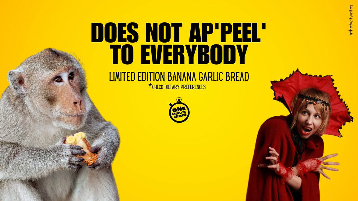 thetwitwrites's tweet photo. This invention might just leave the internet divided.

One Minute Brief of the Day: Create posters to advertise our brand-new invention…Banana Garlic Bread. 📷📷📷   To celebrate #NationalGarlicDay &amp; #NationalBananaDay @OneMinuteBriefs https://t.co/MkVoLVTGct