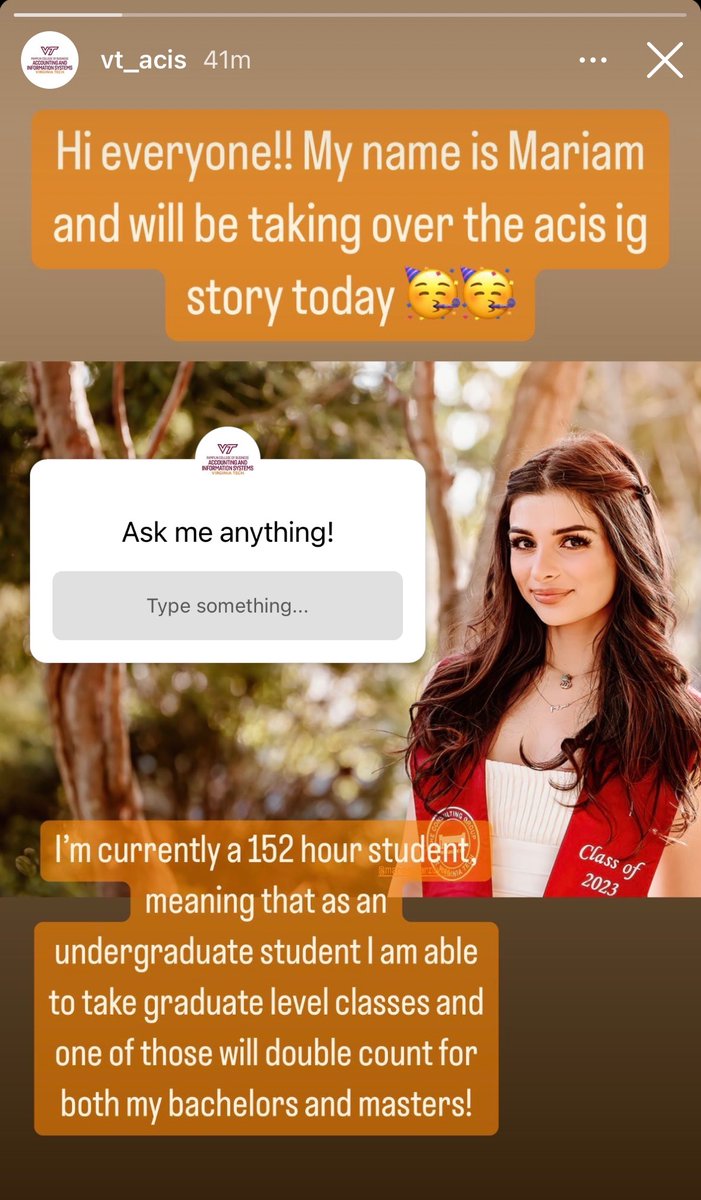 VT_ACIS's tweet photo. Follow us on Instagram today as Mariam, ACIS Senior in our 152-Hour Program, walks you through her day and answers any questions you may have about VT, ACIS, and our 152-Hour Program! #vtacis https://t.co/whIar6tjLg