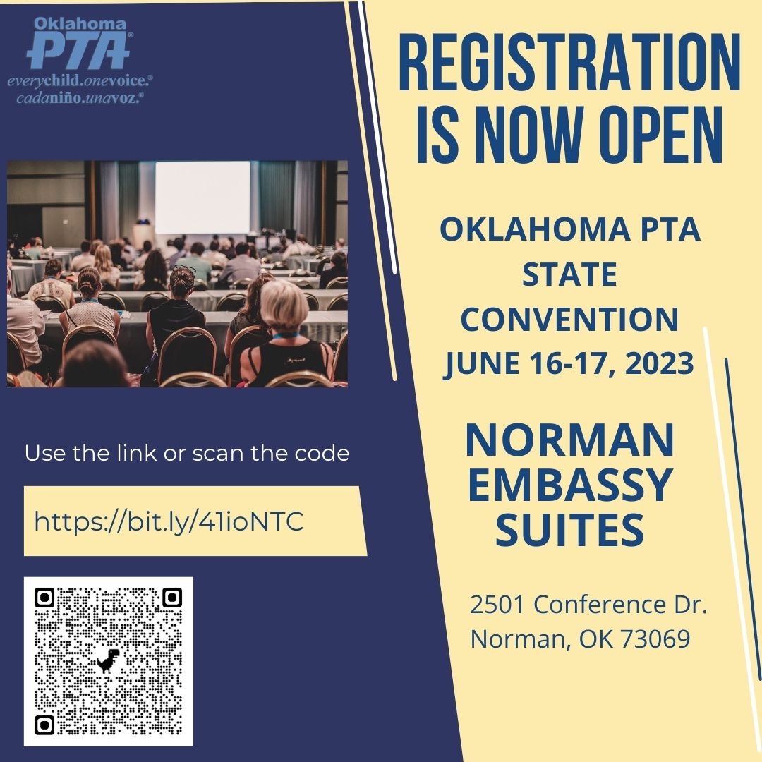 Oklahoma PTA leaders and friends, make plans now to join us at OKPTA's 101st Annual Convention June 16-17th at Embassy Suites in Norman, Oklahoma! Registration is now open. bit.ly/41ioNTC