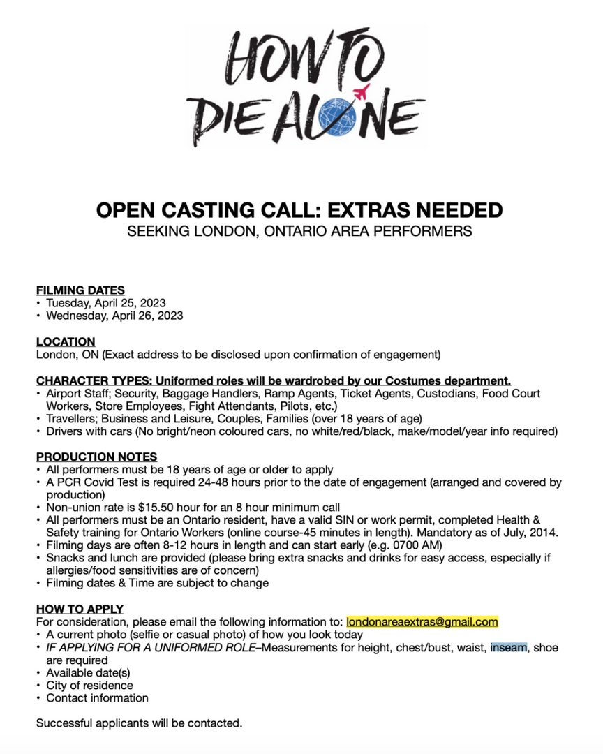 filmlondonon's tweet photo. ๐ฃ CALLING ALL LOCAL TALENT! Extras needed. ๐ฃ
An exciting opportunity for #localperformers.
Filming Dates: April 25th and April 26th, 2023
Be sure to contact the email included in the document if interested!
#ldnont https://t.co/BBChxe8InL
