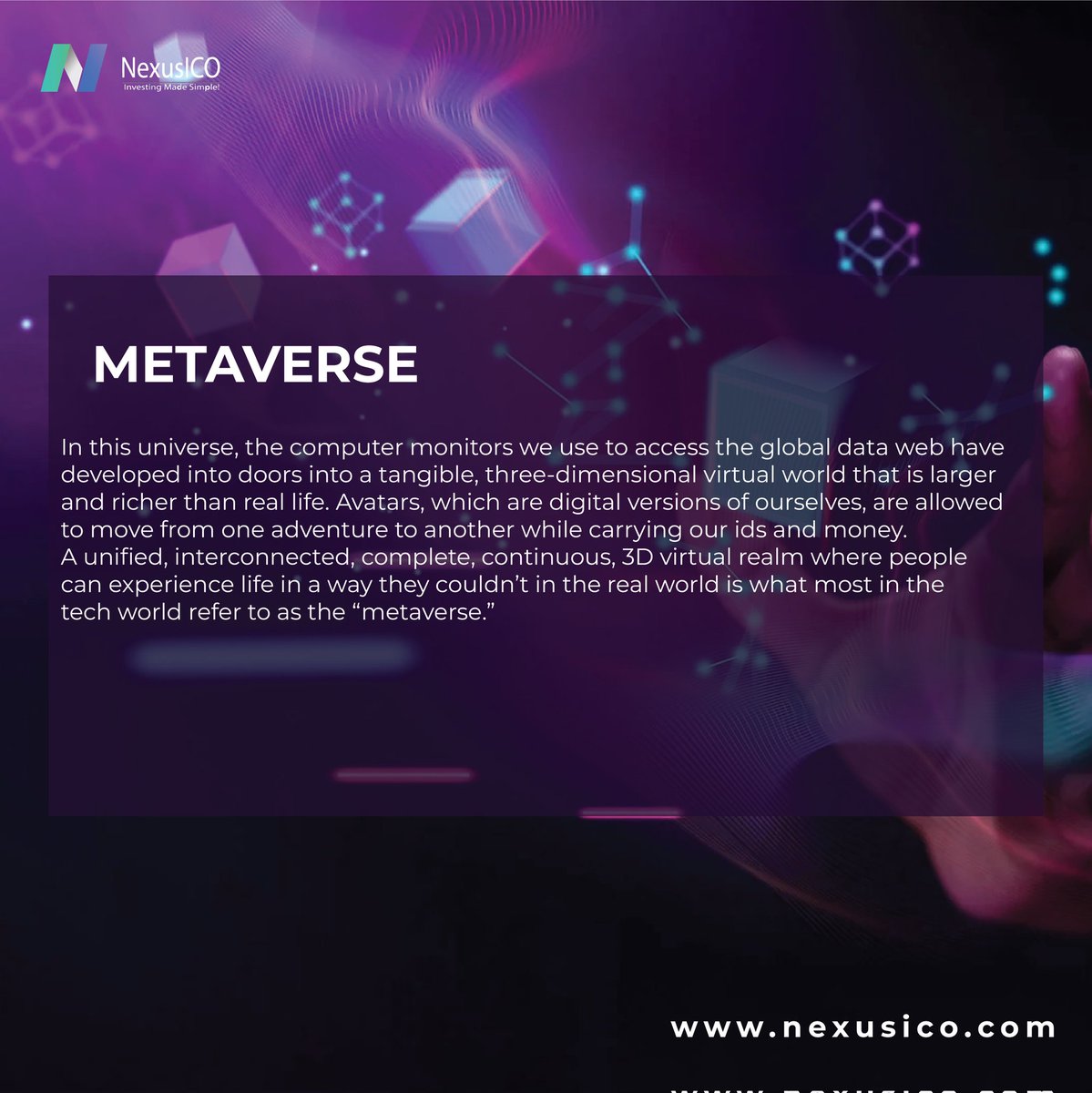 nexusico's tweet photo. Metaverse – A three-dimensional, tangible and virtual immersive world. It’s a new world waiting to be explored to the fullest that will potentially transform the future of digital reality!✨💲
Contact us at
🌐 https://t.co/2qhEWvh68H
#nexusico #cryptocurrency #bitcoin https://t.co/As9LP12xn4