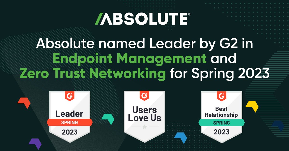 absolutecorp's tweet photo. In the Spring 2023 @G2dotcom Grid Reports, users rank Absolute a leader in both #endpointmanagement – for the 13th consecutive quarter - and in #ZTNA for the third consecutive quarter. Learn why your peers ❤️ Absolute! https://t.co/7vVihYaiT1 https://t.co/xgQZ3ecKsV