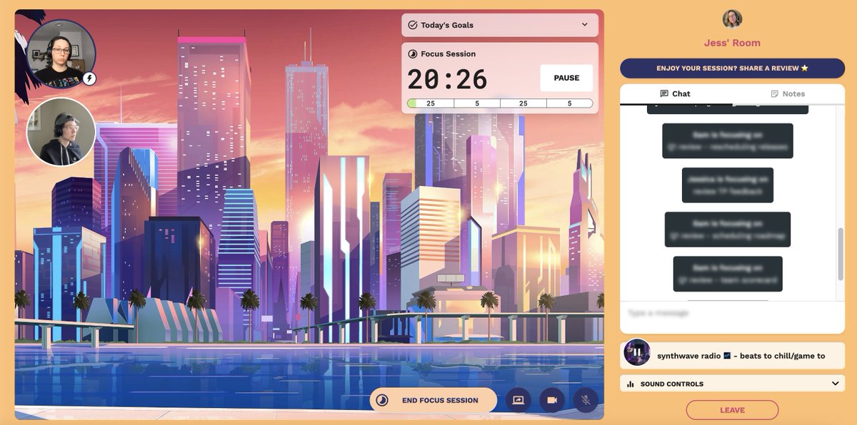 jescas's tweet image. Created a dope @workfrom space inspired by @lofigirl's new synthwave radio. 🌇

This Work Club+ session is serving all the focus vibes.