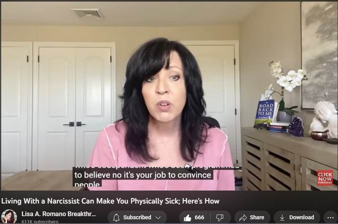 6,928 views  18 Apr 2023  5 Mind Games Narcissists Love to Play
https://www.lisaaromano.com/12wbcp 
https://www.lisaaromano.com/breakthro...
https://adbl.co/2E5tk4C

Living with a narcissist can make you sick by controlling your perception of yourself, and what you focus on and by activating fear within you. By controlling your perception, your brain then remains fixated on what it believes you need to focus on to remain safe. The reticular activating system is part of your brain that narrows in on what it thinks you need to pay attention to. Unfortunately, when it comes to narcissists, this system can become hyperfocused on what a narcissist says, what they feel, what they think, and on what they do or might do.

Understanding how a narcissist can hijack your point of focus and how your brain can become stuck in fight or flight, causing your immune system to respond to a perceived threat helps you understand the ways in which living with a narcissist is dangerous to your health. 

FRE