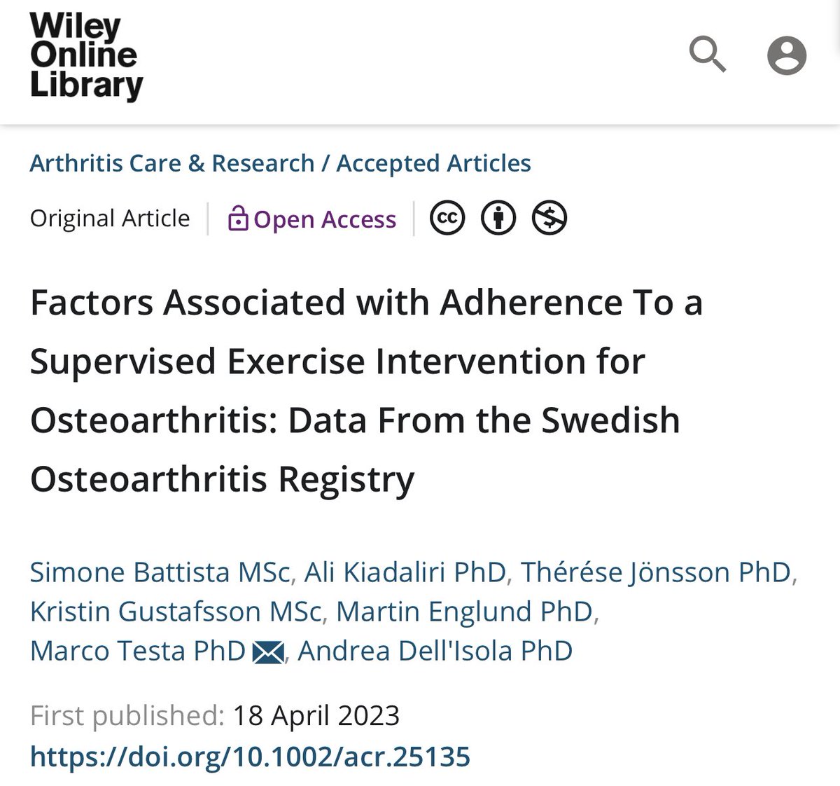 Simone Battista (@dr_sbattista) on Twitter photo 🏋️♂️Hot off the press 🏋🏼
Exercise adherence in #osteoarthritis is a challenge. We found that different factors typically believed to improve adherence might be unlikely to do so. <a href="/Andre_Dellisola/">Andrea Dell'isola</a> <a href="/1alid/">Ali Kiadaliri</a> <a href="/dr_englund/">Martin Englund</a> <a href="/ClinEpi_LU/">Clinical Epidemiology LU</a> <a href="/ACR_Journals/">ACR_Journals</a>
👇🏻 OA paper👇🏻
onlinelibrary.wiley.com/doi/10.1002/ac… 🏋️♂️Hot off the press 🏋🏼
Exercise adherence in #osteoarthritis is a challenge. We found that different factors typically believed to improve adherence might be unlikely to do so. <a href="/Andre_Dellisola/">Andrea Dell'isola</a> <a href="/1alid/">Ali Kiadaliri</a> <a href="/dr_englund/">Martin Englund</a> <a href="/ClinEpi_LU/">Clinical Epidemiology LU</a> <a href="/ACR_Journals/">ACR_Journals</a>
👇🏻 OA paper👇🏻
onlinelibrary.wiley.com/doi/10.1002/ac…