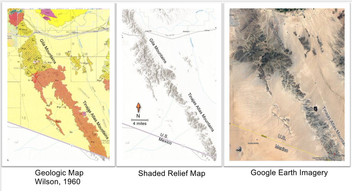 AZGeology's tweet photo. The Gila & Tinajas Atlas Mountains of SW Arizona trend northwest-southeast for about 40 miles. The mountains are cored by Mesozoic #metamorphics and #granitoids. Each of the 3 plates are roughly the same scale and areal extent. North is to the top.
https://t.co/wuaRgUo65K https://t.co/w6rUGMmsvg