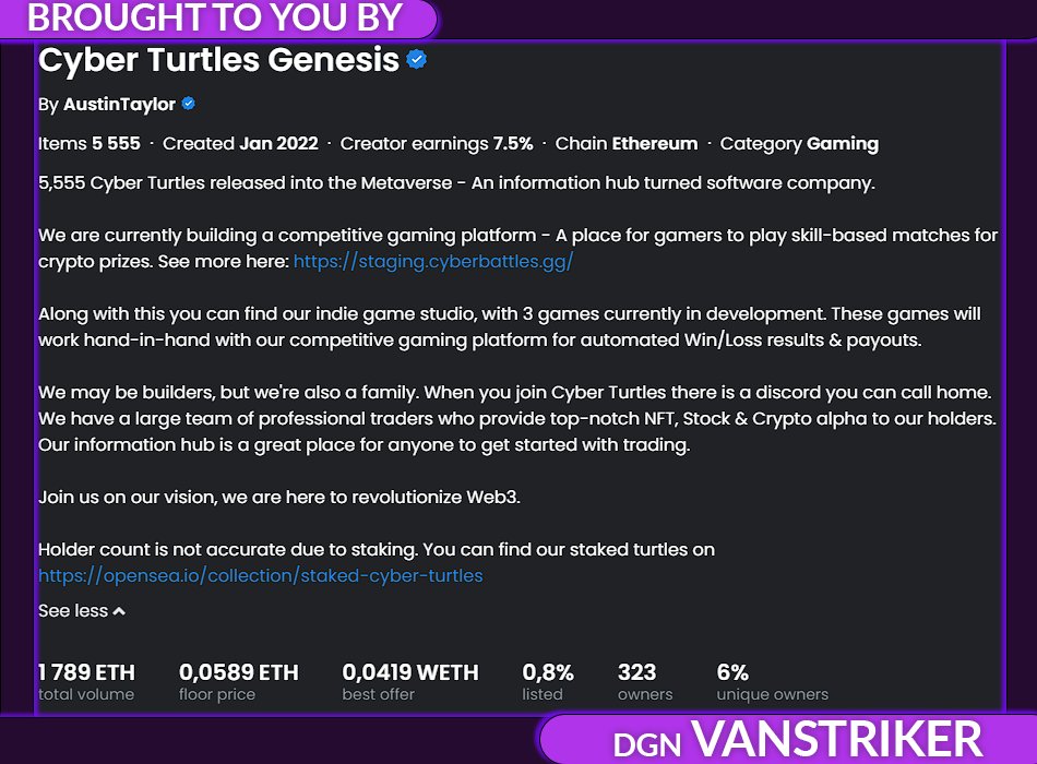 🐢<a href="/CyberTurtlesNFT/">Cyber Turtles</a> -
Soldout was on the 01/31/2022.

I jumped on their project a month later, having bought exactly what was needed - 2 NFTs.

And to this day, you get something that has allowed Degens to lifechange during last year - it's a damn cool Alpha Team <a href="/BrothxrhooD/">BrothxrhooD</a>  ↴