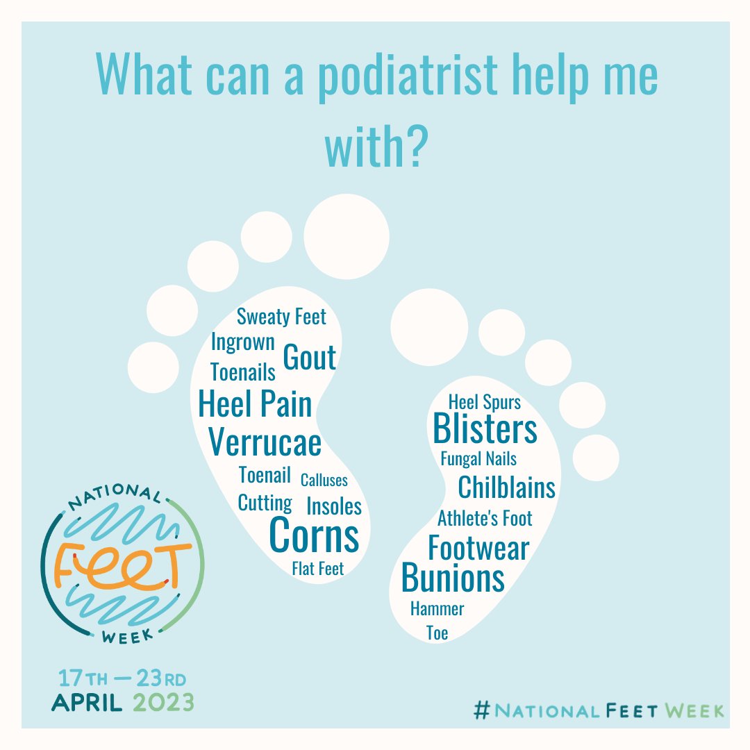 Podiatrists are specialists of the foot, and treat all conditions which affect the skin, nails, muscles, joints, tendons, nerves and circulation of the foot. 

Make #NationalFeetWeek a time to get that niggling issue sorted and make your feet a priority!