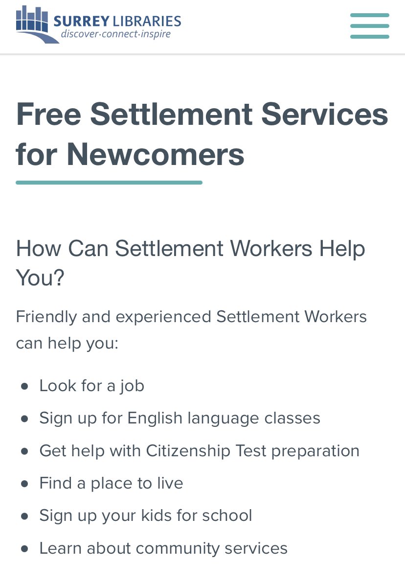 Are you a newcomer to Surrey & need further assistance with settlement. @surreylibraries offers free Settlement assistance to newcomers. Along with many other community settlement agencies @diversecitybc_  @OptionsBC 
@pics_society @issofbc @mosaicbc_ @pcrs_bc