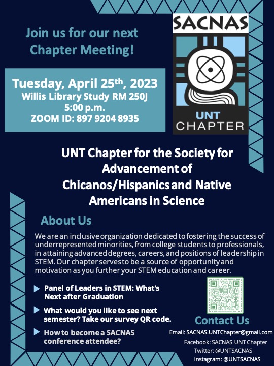 UNTSACNAS's tweet photo. @UNTScience Sacnistas! Join us at our next SACNAS meeting where a panel of leaders in STEM will be discussing: what's next after graduation? 

All are welcome to join either in person or via zoom! We look forward to seeing you there! 🥼🧪🧑‍🔬👨‍🔬👩‍🔬 https://t.co/pNdZjKg38i