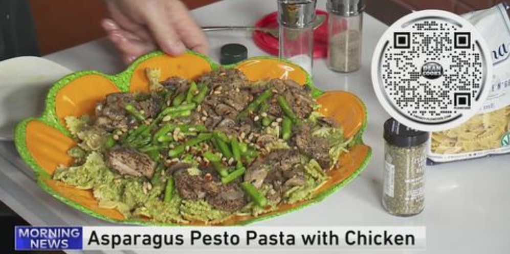 Springtime lives!   Asparagus Pesto Pasta w grilled chicken.     Incredibly delicious,  incredibly easy!   The crew polished this off in no time.