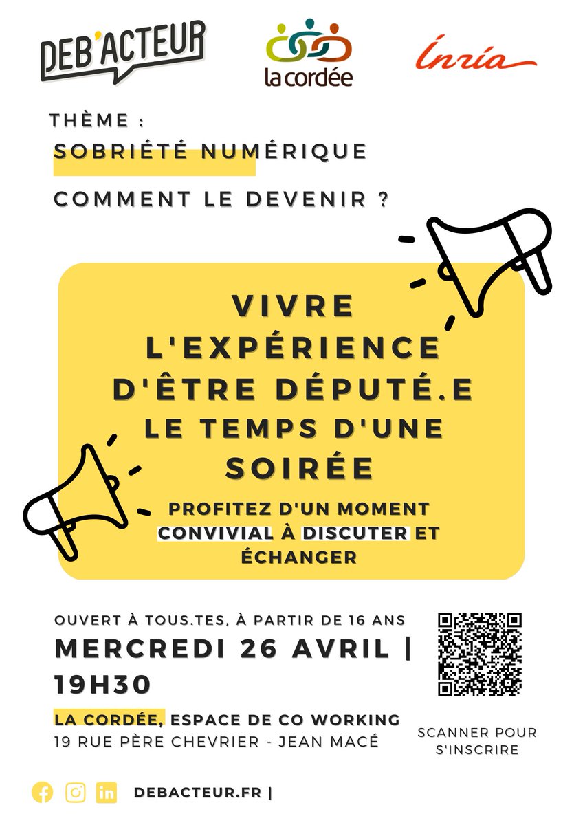 J-7 Evènement <a href="/Inria/">Inria</a> &amp; <a href="/LaCordeeLyon/">LaCordeeLyon</a> 

Devenez député(e) le temps d'une soirée, votre voix et vos votes décideront de la tournure de la proposition de loi du jour: Sobriété Numérique.

Inscriptions ici: rb.gy/l5njd

#democratie #engagement #seriousgame #citoyen