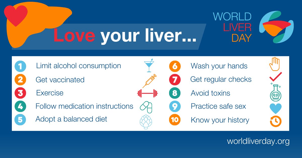 On this World Liver Day, let's remember the importance of keeping our liver healthy with these 10 liver commandments!

Together, we can work towards a healthier future. #WorldLiverDay #LiverHealth #HealthyChoices

🔗 worldliverday.org/learn-more/#re…