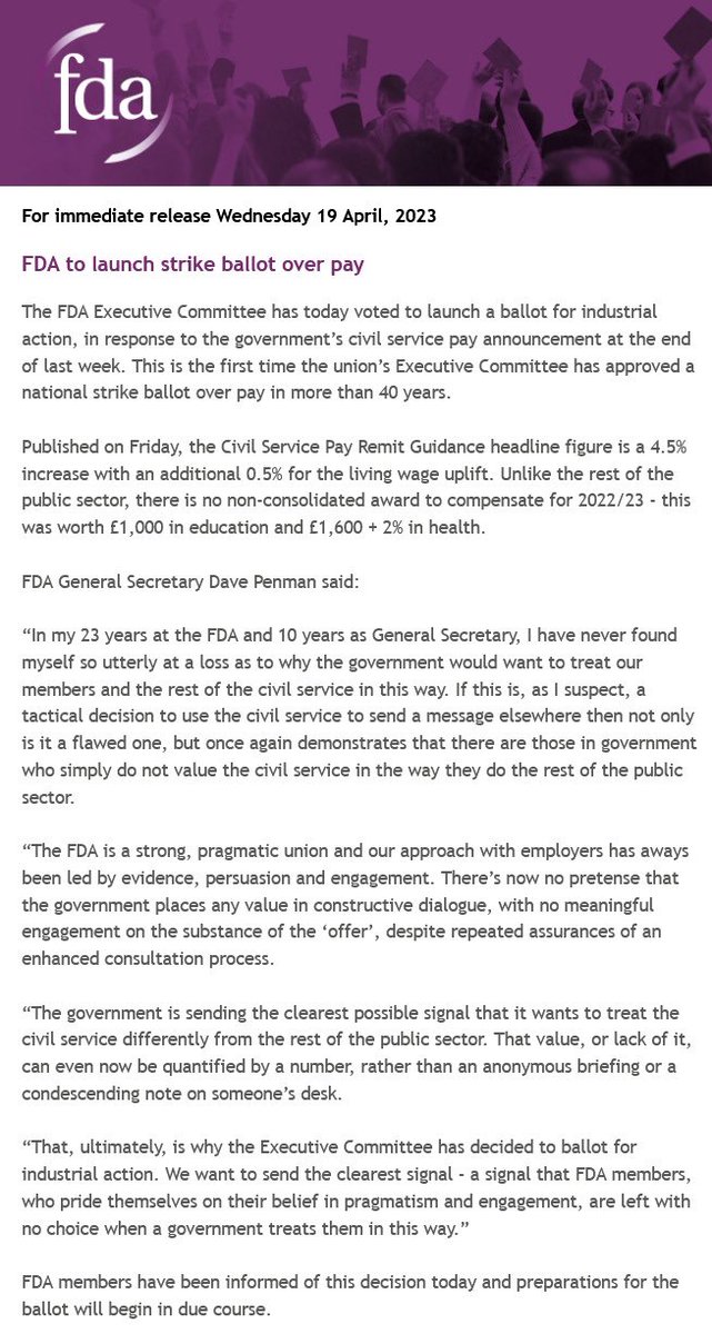 The government is sending the clearest possible signal that it does not value the civil service and wants to treat it differently to the rest of the public sector. 

My statement on why the FDA is launching a national ballot on industrial action ⬇️