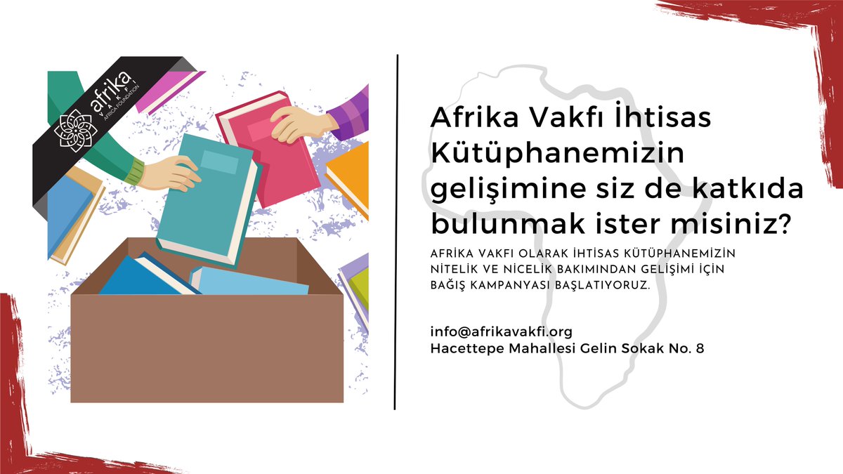 Afrika Vakfı İhtisas Kütüphanemizin gelişimine siz de katkıda bulunmak ister misiniz?

Doğrudan vakfımızı ziyaret ederek ya da kargo yoluyla kitap bağışlarınızı bize ulaştırabilirsiniz. info@afrikavakfi.org mail adresinden iletişim kurabilirsiniz.